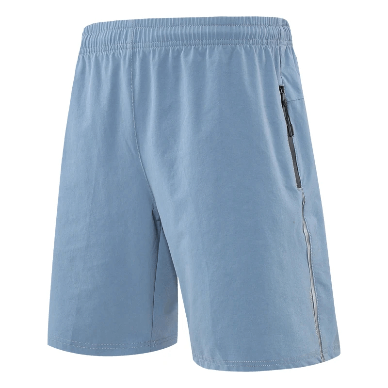 Men's blue athletic running shorts with zipper pockets, made from durable polyester and spandex for flexible performance and secure storage.